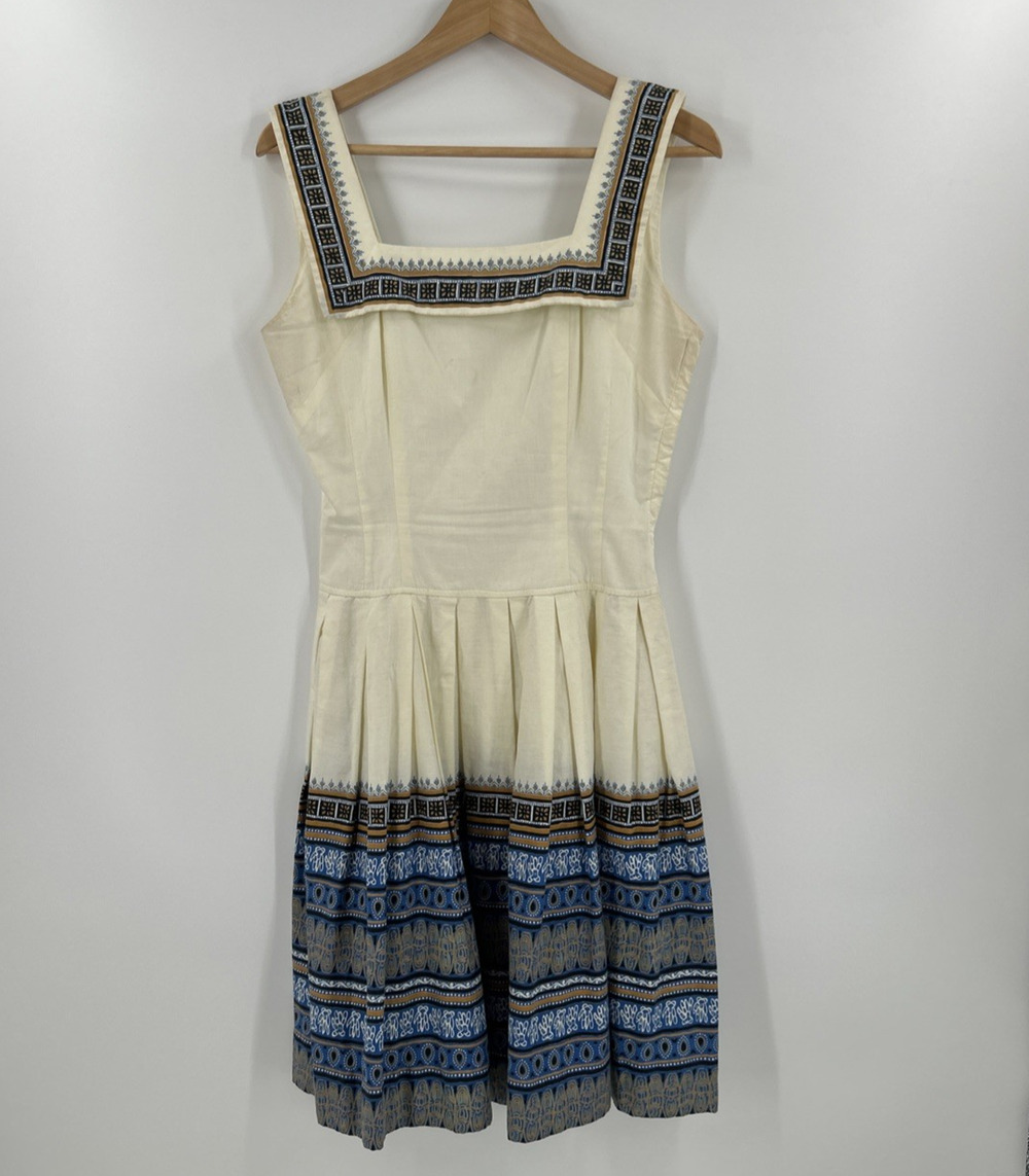 Vintage Malihini Hawaii Dress Size 12 Pale Yellow Blue Midi A-line Geometric